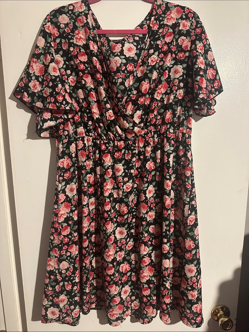 Floral Wrap-Style Black & Pink Women’s Dress